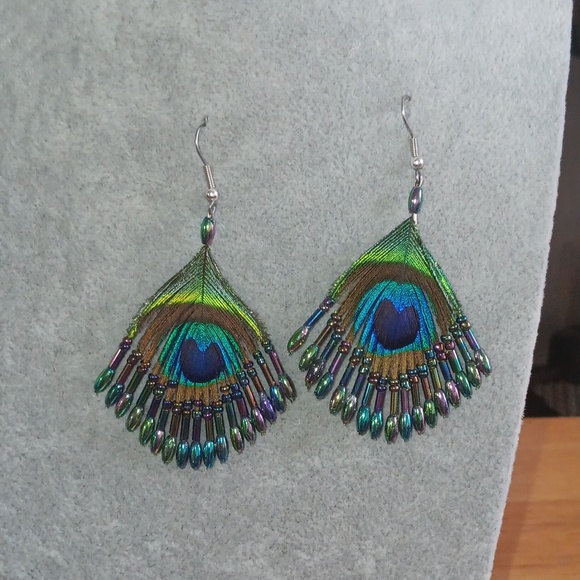 None Jewelry - Peacock Feather Earrings